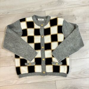 Angora Gray and Black Checkered Cardigan